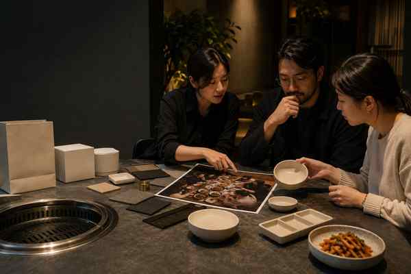 Three adult collaborators reviewing blank packaging and Korean barbecue ingredients at a studio table.