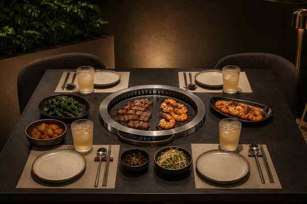A Korean barbecue table arranged with exactly four place settings.