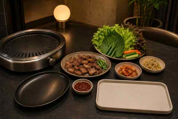 Tabletop grill setup: an unlit round grill pan, a plate of grilled ribs, a ssam vegetable platter, kimchi, bean sprouts, and empty serving trays.
