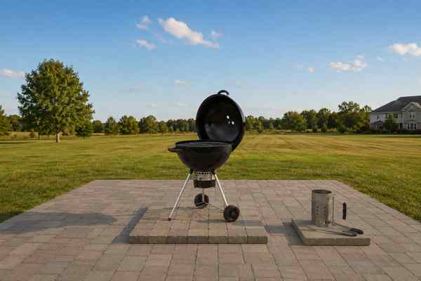 Black charcoal kettle grill on a wide stone-paver pad in an open lawn, with a distant house and a chimney starter plus long tongs on a separate paver.