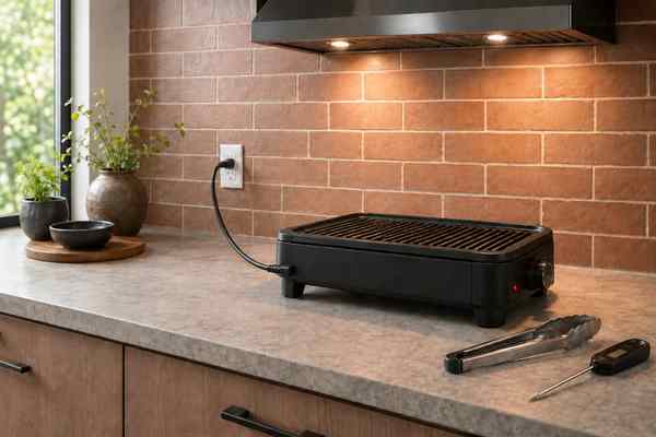 Black electric tabletop grill on a stone counter directly beneath a lit range hood; one visible cord runs from the grill's left side to a wall outlet, with tongs and a probe thermometer in front.