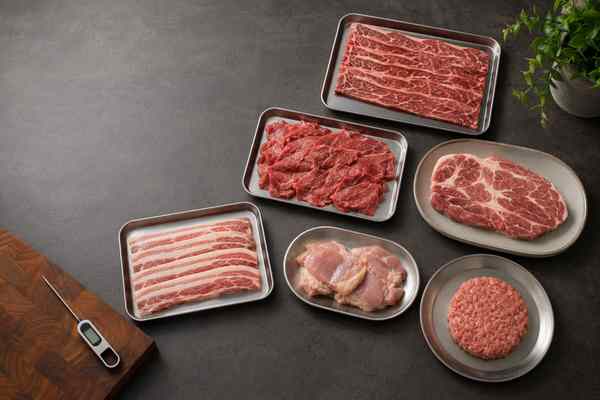 Assorted raw meats—marbled beef, pork belly, chicken thighs, a ground-beef patty—on stainless trays and a plate, with a digital probe thermometer on a wood board.