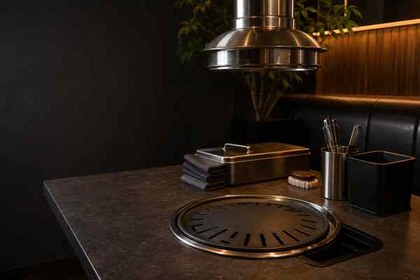 A recessed tabletop grill below an overhead exhaust hood, with cleaning supplies: a scrub brush, folded cloths, a lidded metal box, and a utensil cup.