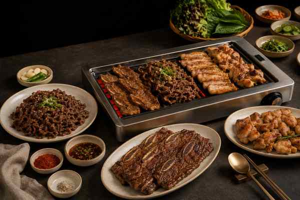 Cooked marinated meat browning on a stainless tabletop grill beside ssam greens and banchan.