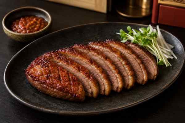 Cooked-through sliced duck breast with a crosshatched browned fat cap, fanned on a black oval plate beside radish sprouts and a red dipping sauce.