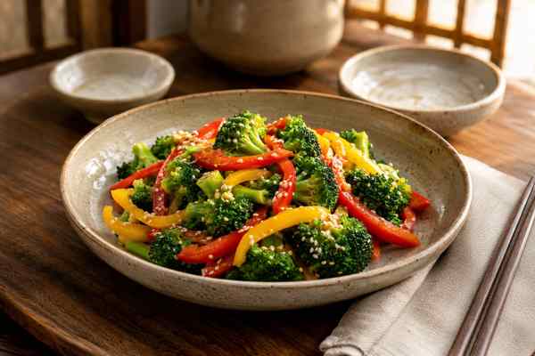 Finished Contemporary Sesame Broccoli and Bell Pepper Salad presented in a warm Korean dining setting.