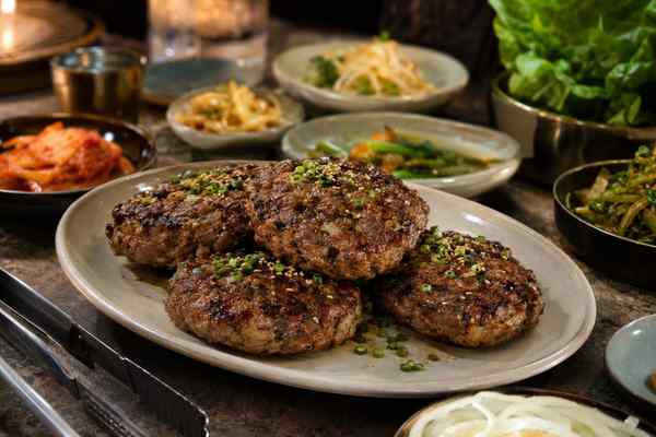 Finished Tteokgalbi Grilled Beef-and-Pork Patties presented in a warm Korean dining setting.