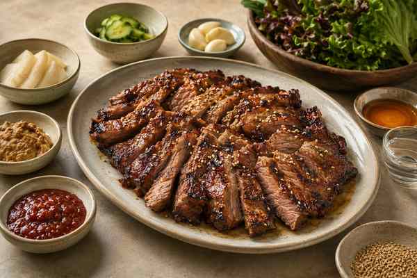 Finished Contemporary Doenjang-Gochujang Lamb Shoulder presented in a warm Korean dining setting.