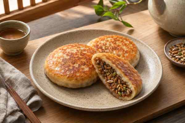 Finished Hotteok Brown-Sugar Seed Pancakes presented in a warm Korean dining setting.