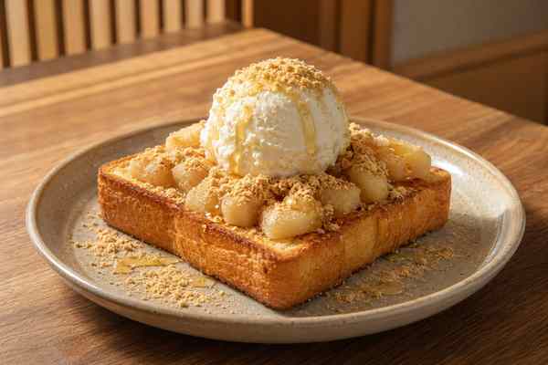 Finished Injeolmi Toast with Ice Cream presented in a warm Korean dining setting.