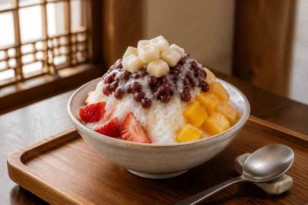 Finished Patbingsu Red-Bean Shaved Ice presented in a warm Korean dining setting.