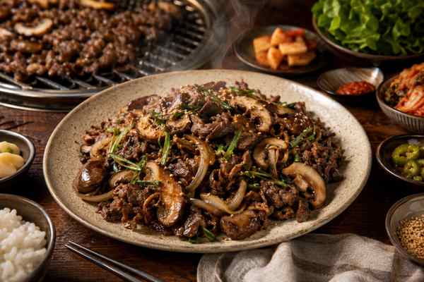 Finished Mushroom-Soy Beef Bulgogi presented in a warm Korean dining setting.