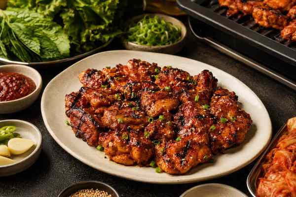 Finished Spicy Gochujang Grilled Chicken Thighs presented in a warm Korean dining setting.