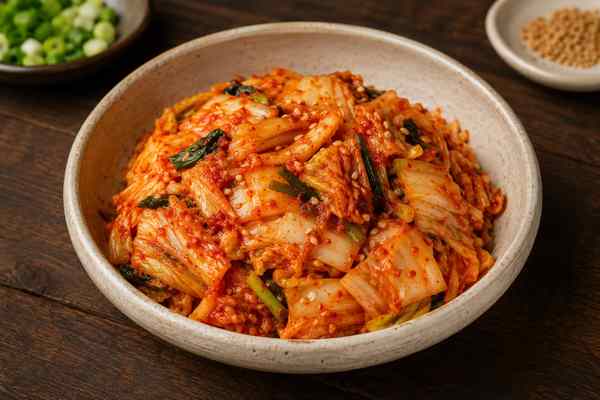 Finished Baechu Geotjeori Fresh Kimchi presented in a warm Korean dining setting.