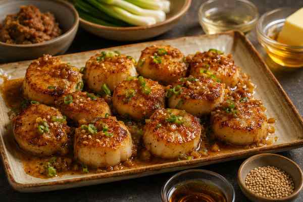 Finished Doenjang-Butter Grilled Scallops presented in a warm Korean dining setting.
