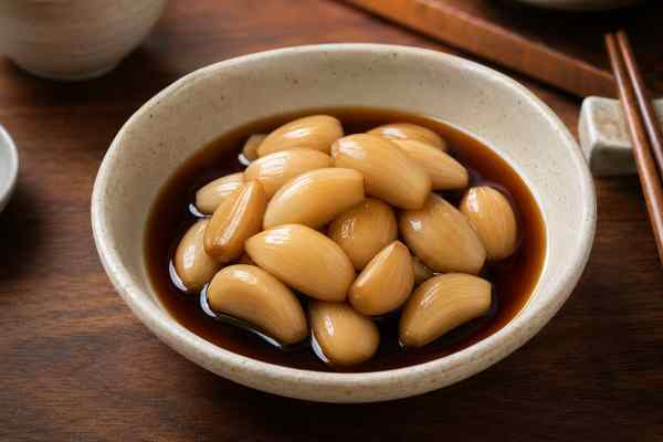 Finished Maneul Jangajji Soy-Pickled Garlic presented in a warm Korean dining setting.