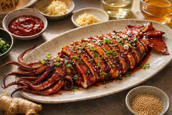 Finished Ojingeo Gui Spicy Grilled Squid presented in a warm Korean dining setting.