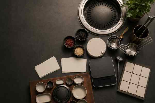 A Korean barbecue planning workspace with an unmarked scale, thermometer, blank checklist, and ingredients.