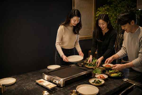 Three adults arranging plates and bowls of greens, kimchi, and banchan around a table with an electric tabletop grill.