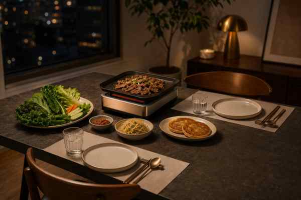 A Korean barbecue table arranged with exactly two place settings.