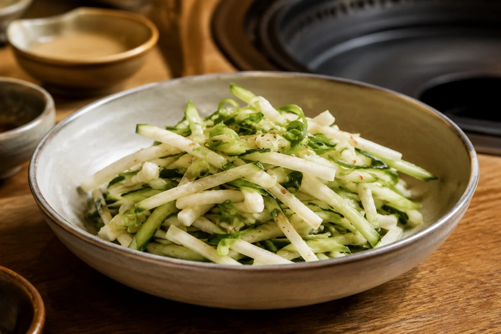 Bowl of matchstick-cut pale pear and green cucumber tossed with scallion slivers and flecks of red chili.