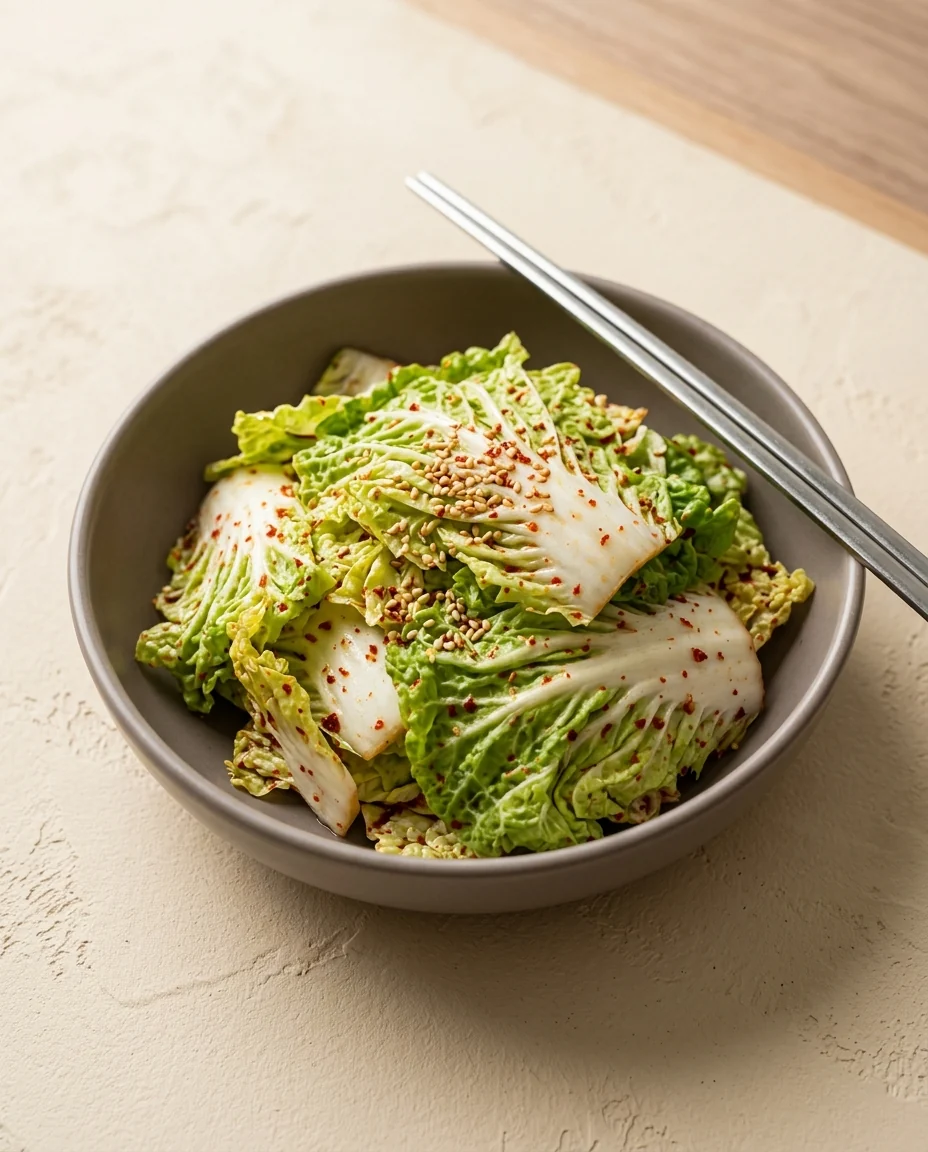 Fresh napa-cabbage pieces with red pepper flakes and sesame in a shallow bowl.