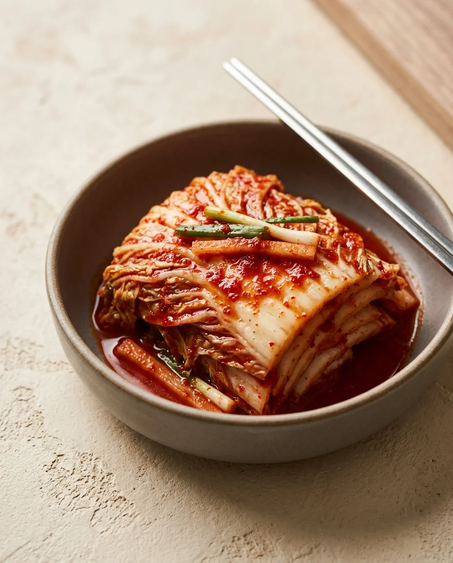 Layered napa-cabbage kimchi with red seasoning and pale radish strands.