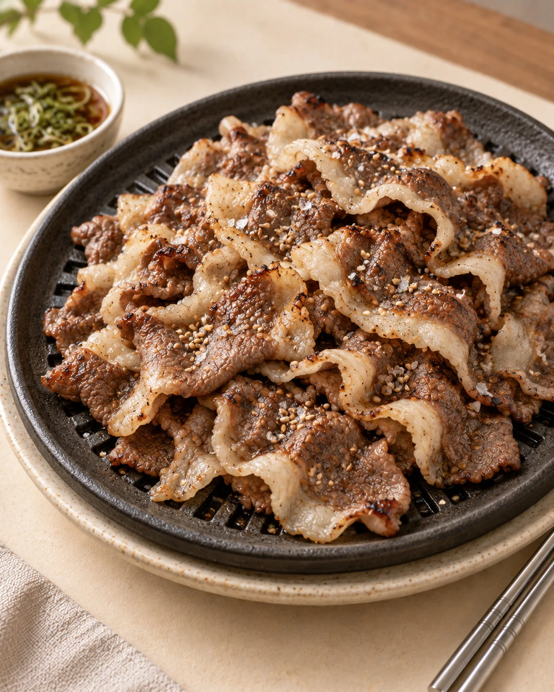Paper-thin curled beef slices on a dark plate beside a scallion dipping sauce.