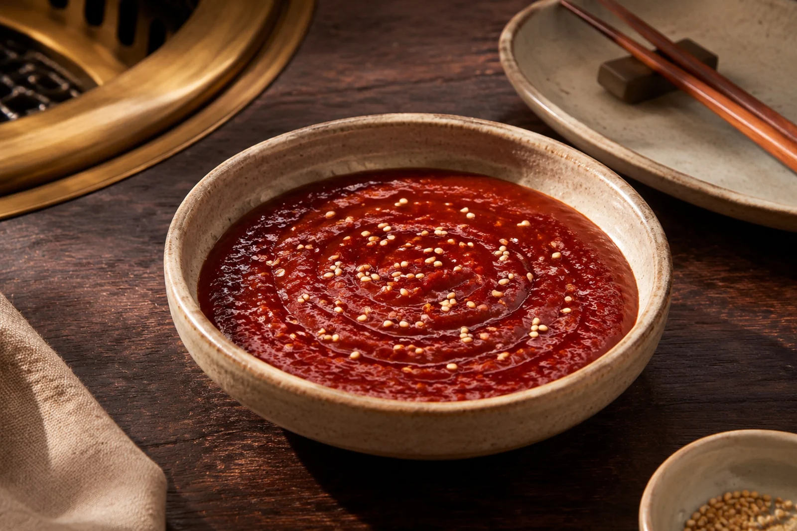 Shallow bowl of glossy red-orange chili sauce with a smooth swirled surface, scattered with a few sesame seeds.
