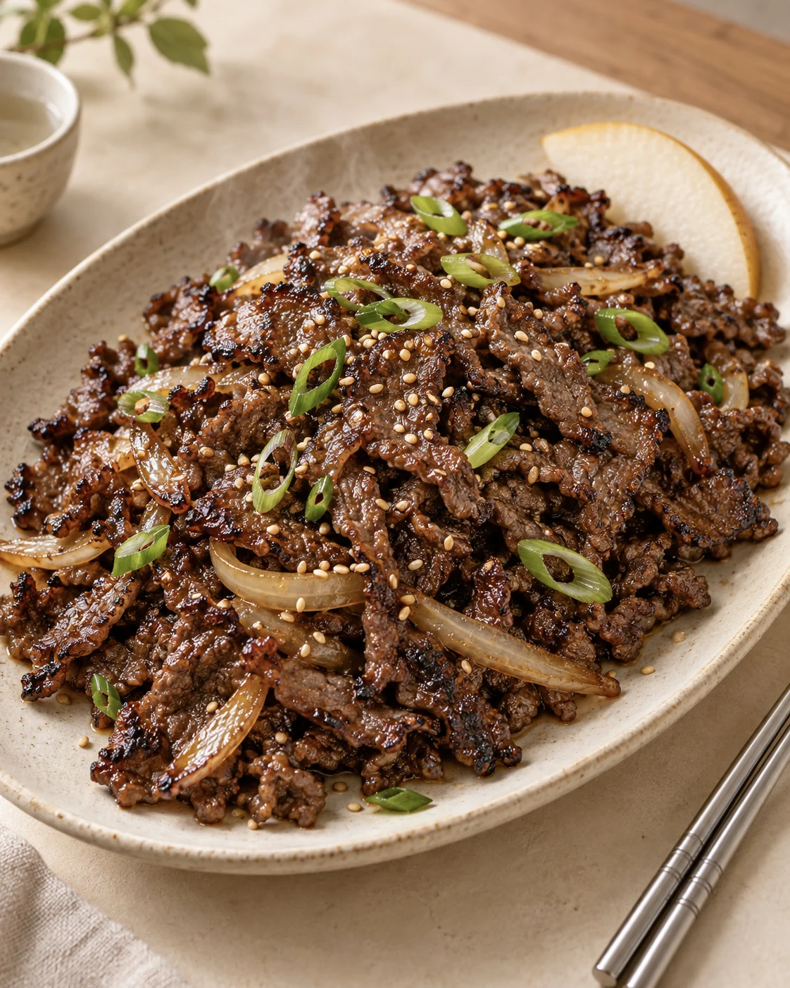 Thin browned beef strips with scallion, sesame, onion, and a pear wedge.