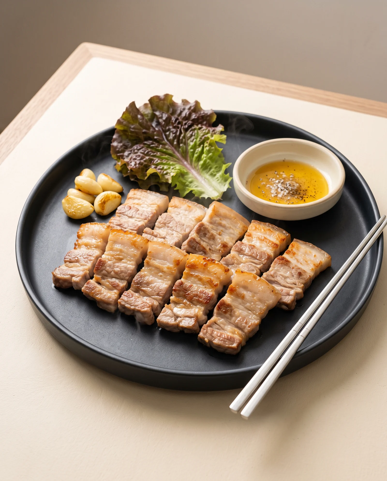Plain grilled pork-belly slices beside a sesame-oil dip, garlic, and lettuce.