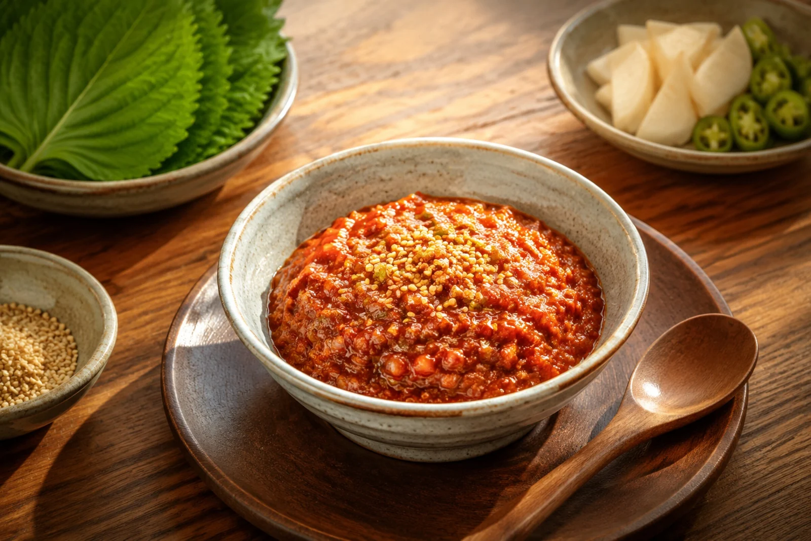 Ssamjang: a thick reddish-brown wrap paste topped with sesame seeds in a ceramic bowl on a wooden tray, with a wooden spoon, perilla leaves, and radish nearby.