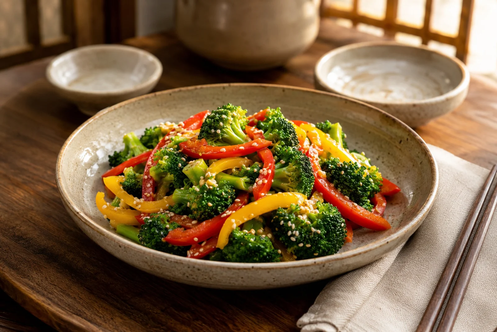 Sesame broccoli and bell pepper salad: broccoli florets with red and yellow pepper strips, sprinkled with sesame seeds, in a ceramic bowl.