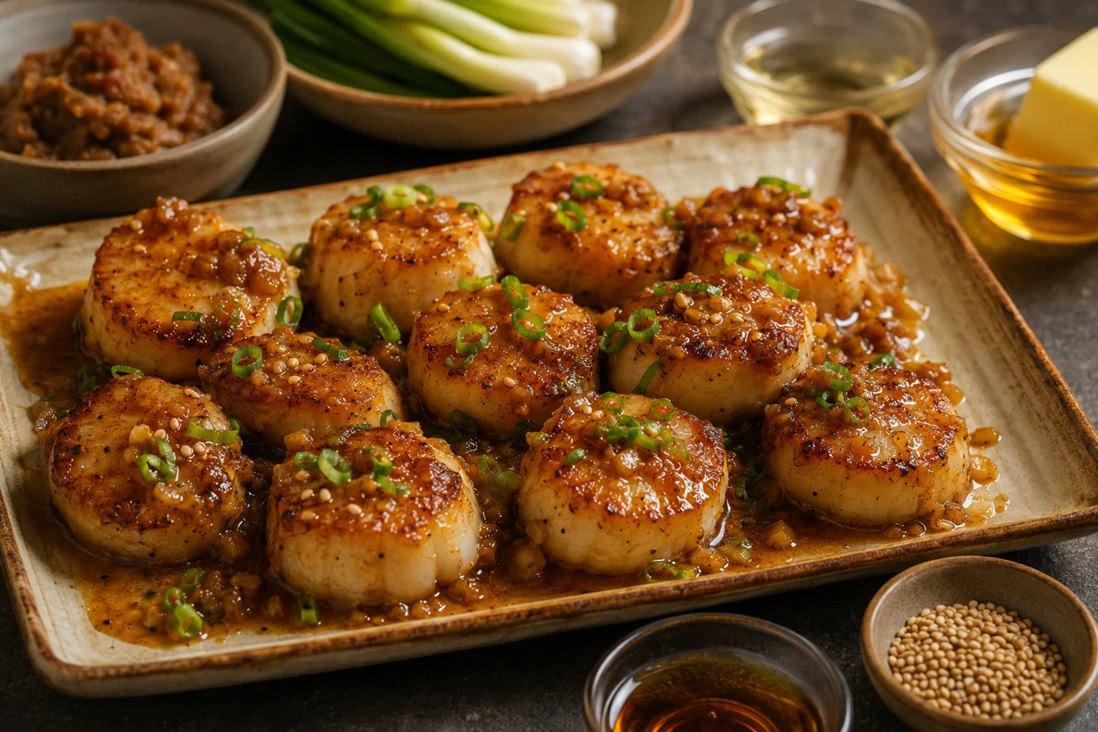 Seared scallops in a glossy brown glaze topped with sliced scallion and sesame on a rectangular plate, with butter, honey, and aromatics nearby.