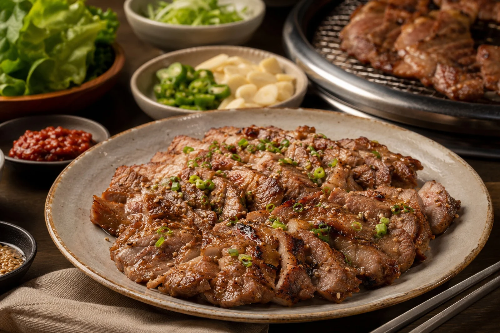Speckled platter of sliced grilled pork with charred edges, topped with chopped scallion and sesame; grill, greens, and ssamjang behind.