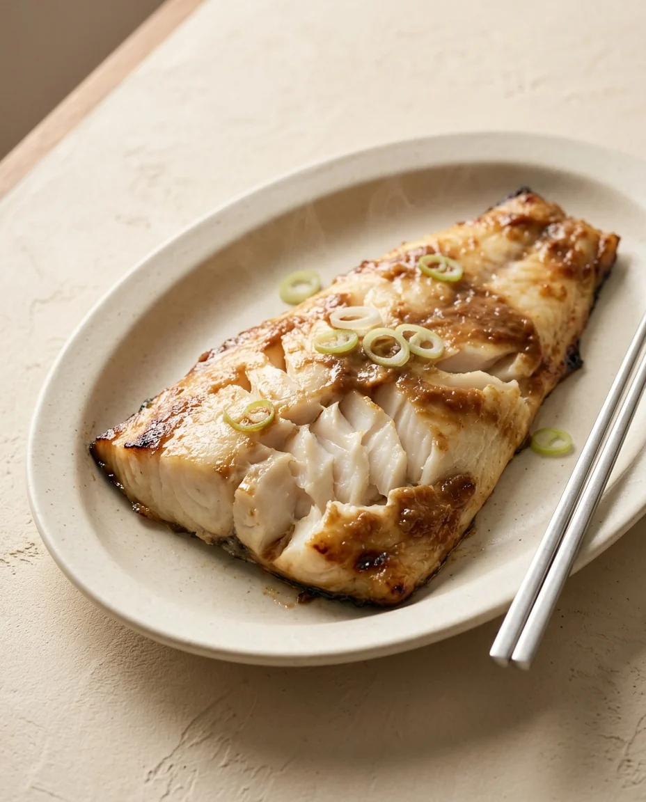 A thick white-fleshed fish fillet with browned glaze and scallion rings on a plate.