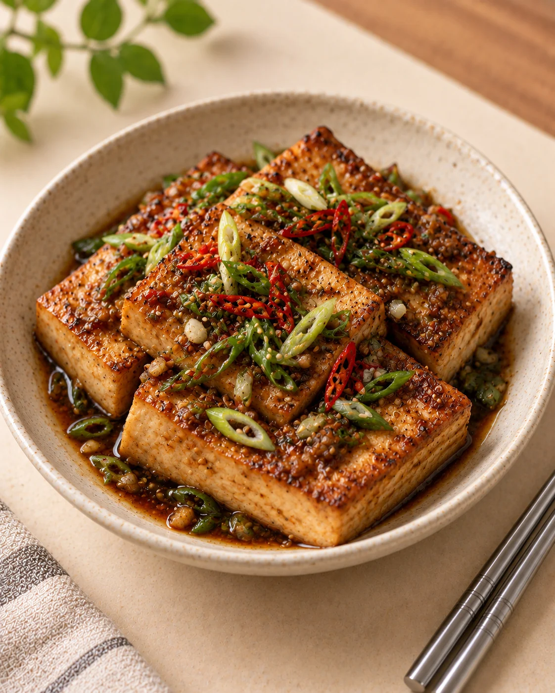Browned tofu slabs in red-pepper soy sauce with sliced scallion and sesame.