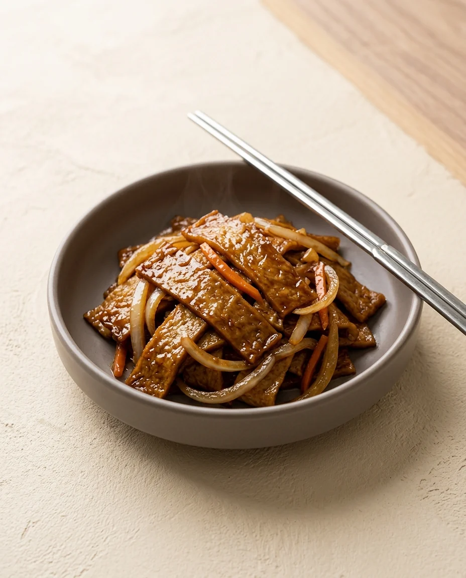 Browned fish-cake strips with sliced onion and carrot in a shallow bowl.