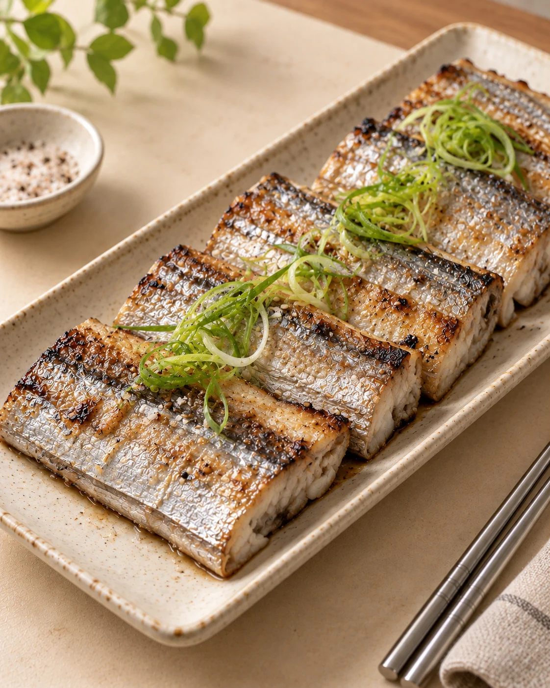 Rectangular silver-skinned hairtail sections with grill marks and scallion curls.