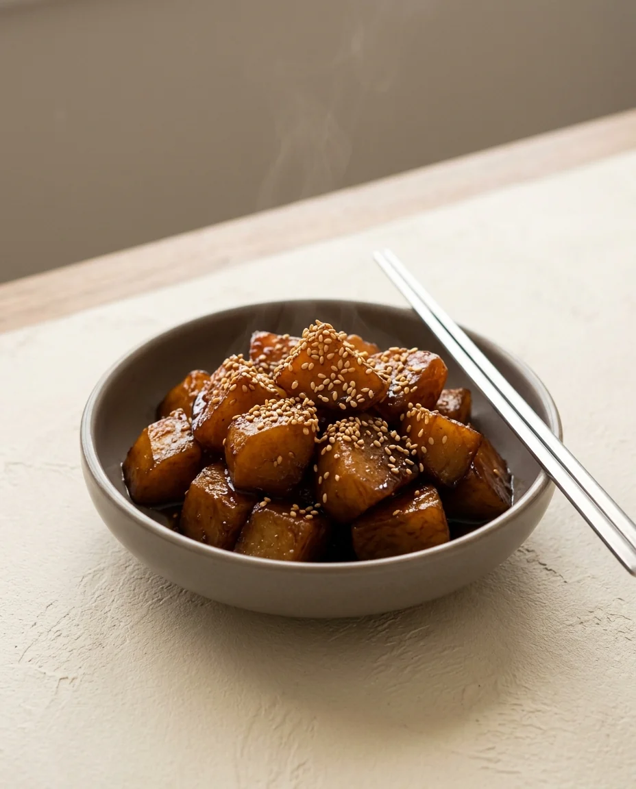 Small glazed potatoes sprinkled with sesame in a brown bowl.