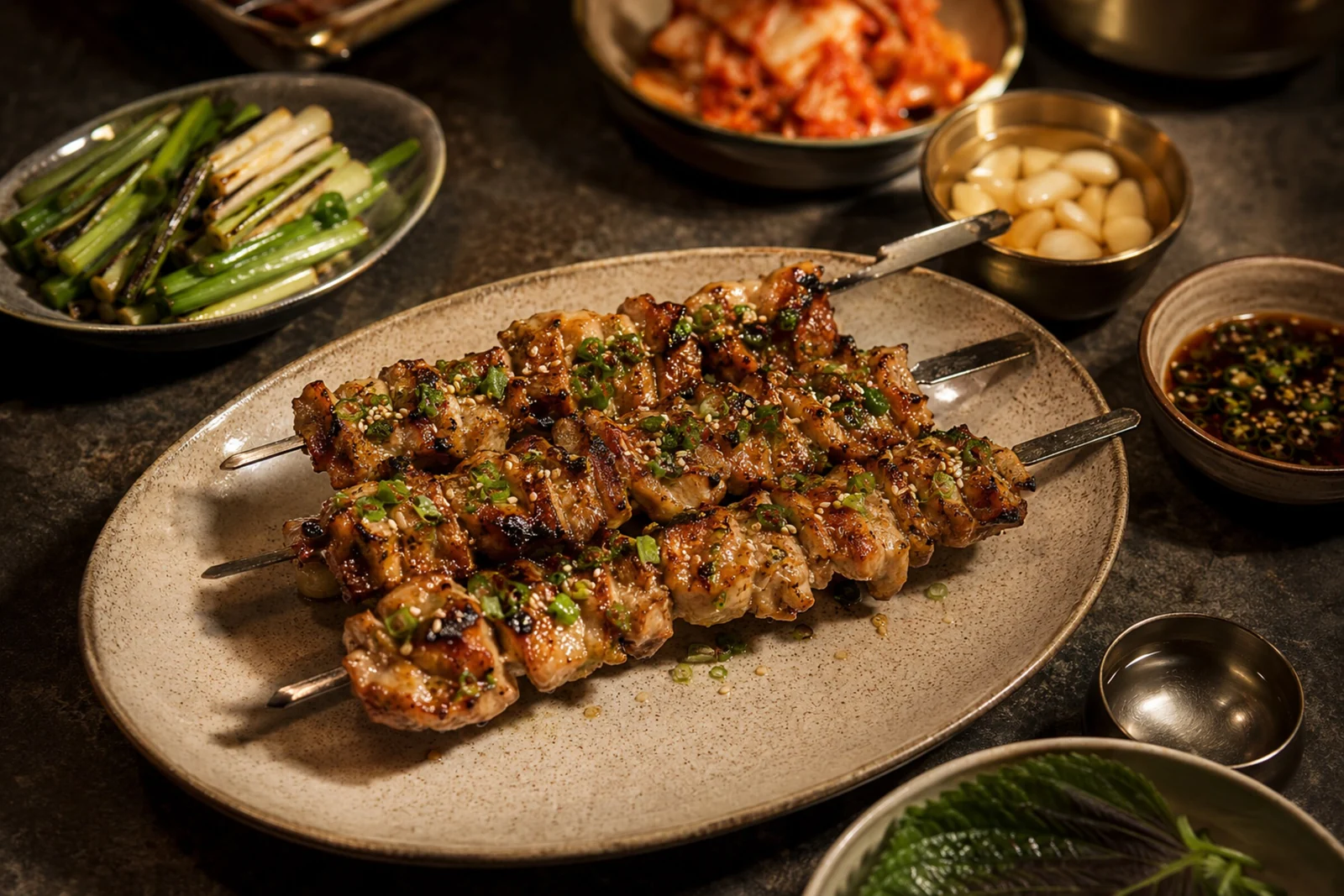 Garlic-scallion chicken skewers: charred grilled chicken thigh on metal skewers, topped with sesame and scallion, with grilled scallions and a dip nearby.
