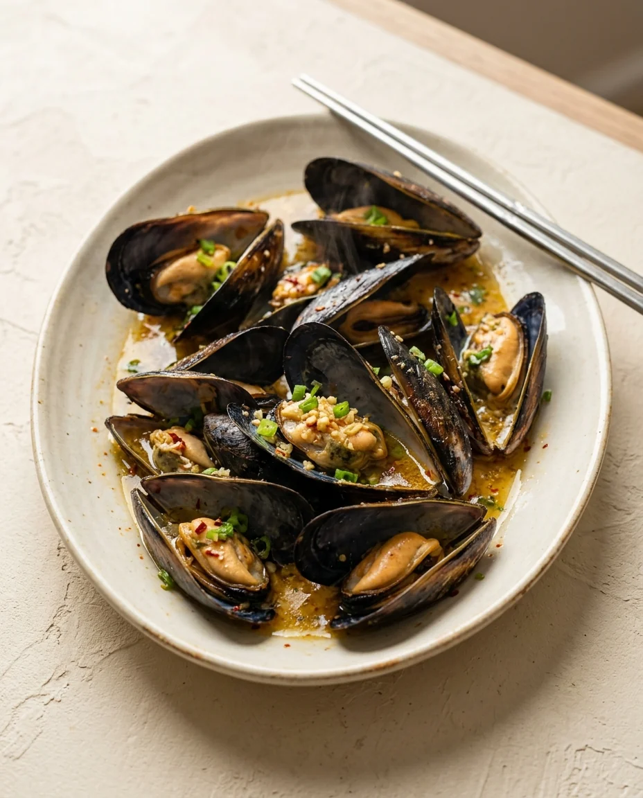 Open black mussel shells with garlic and chopped scallion on an oval plate.