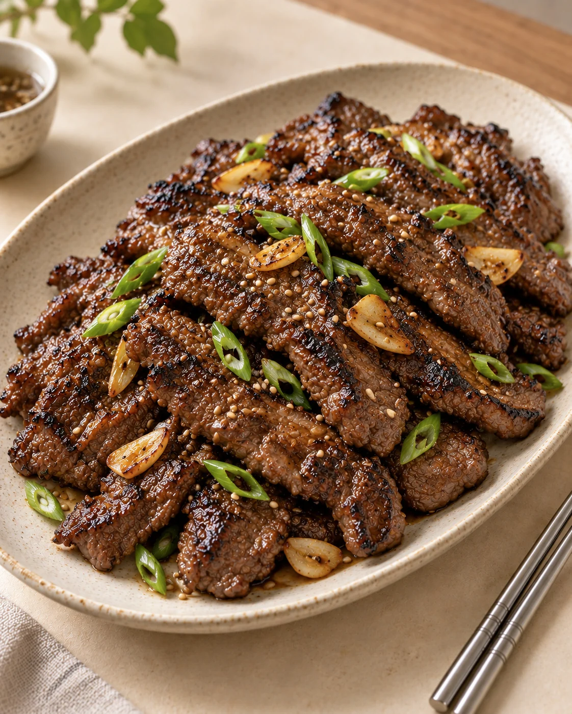 Boneless grilled beef pieces with garlic slices, scallion, and sesame on a plate.