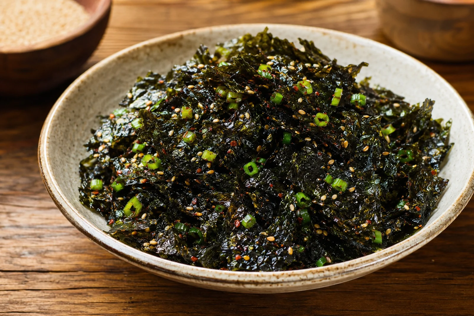 Torn roasted seaweed, dark and glossy, dressed with sesame seeds, sliced scallion and red chili flecks in a speckled bowl.