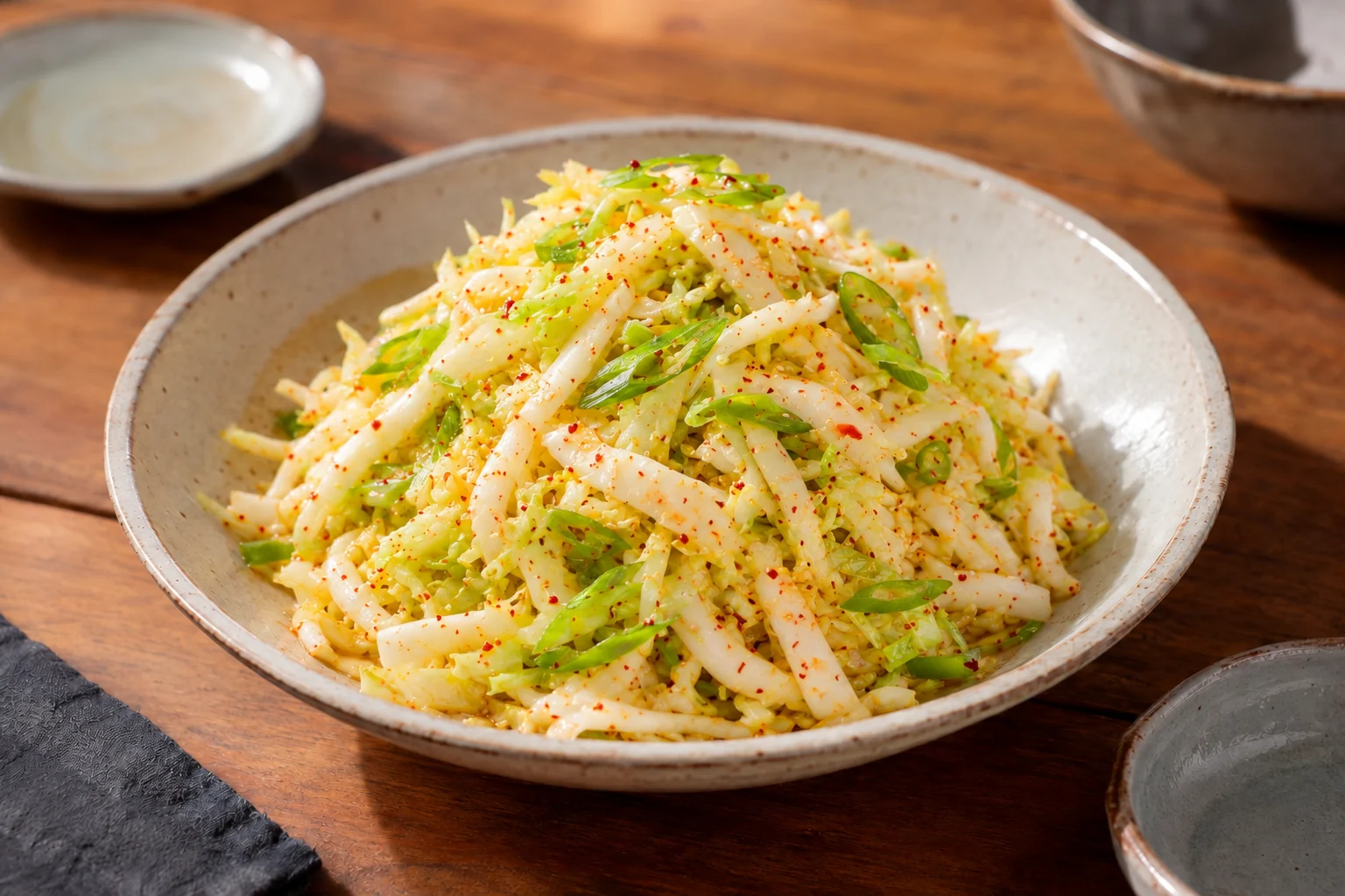 Pale napa cabbage ribbons and scallion with chili flecks and sesame in a shallow ivory bowl.