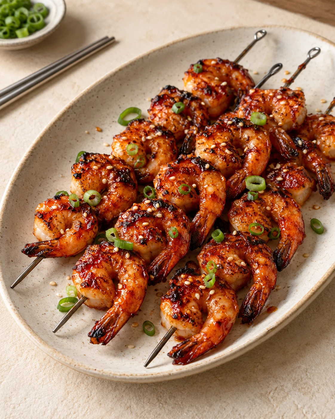 Skewered shrimp with red chili glaze, browned edges, and scallion on a plate.