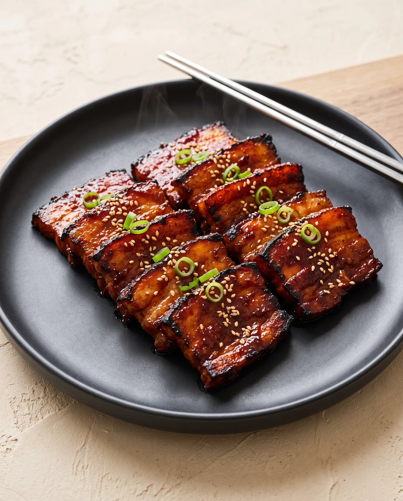 Grilled pork-belly rectangles with red glaze, visible fat layers, and scallion.