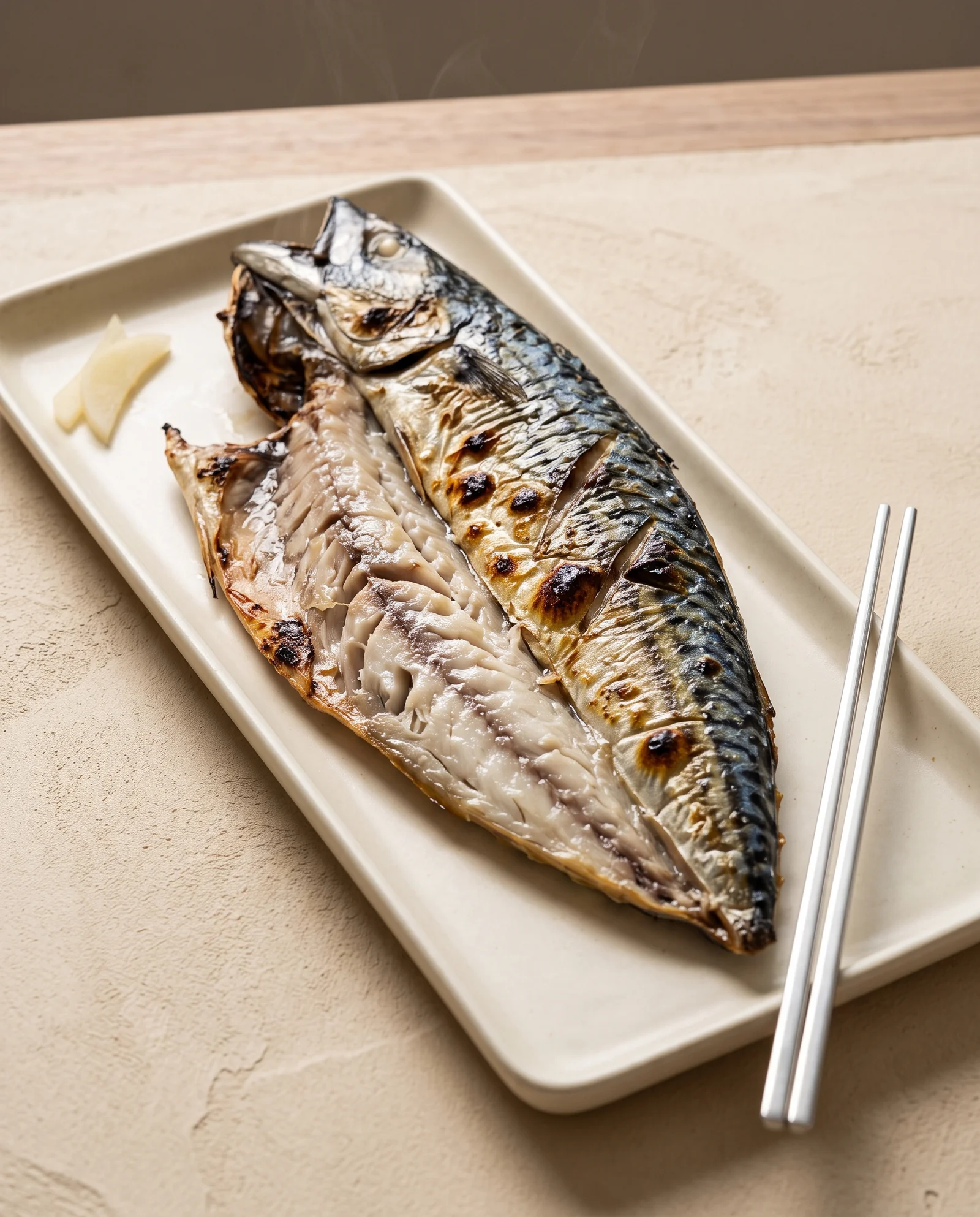 A butterflied silver-skinned mackerel with browned grill marks on a rectangular plate.
