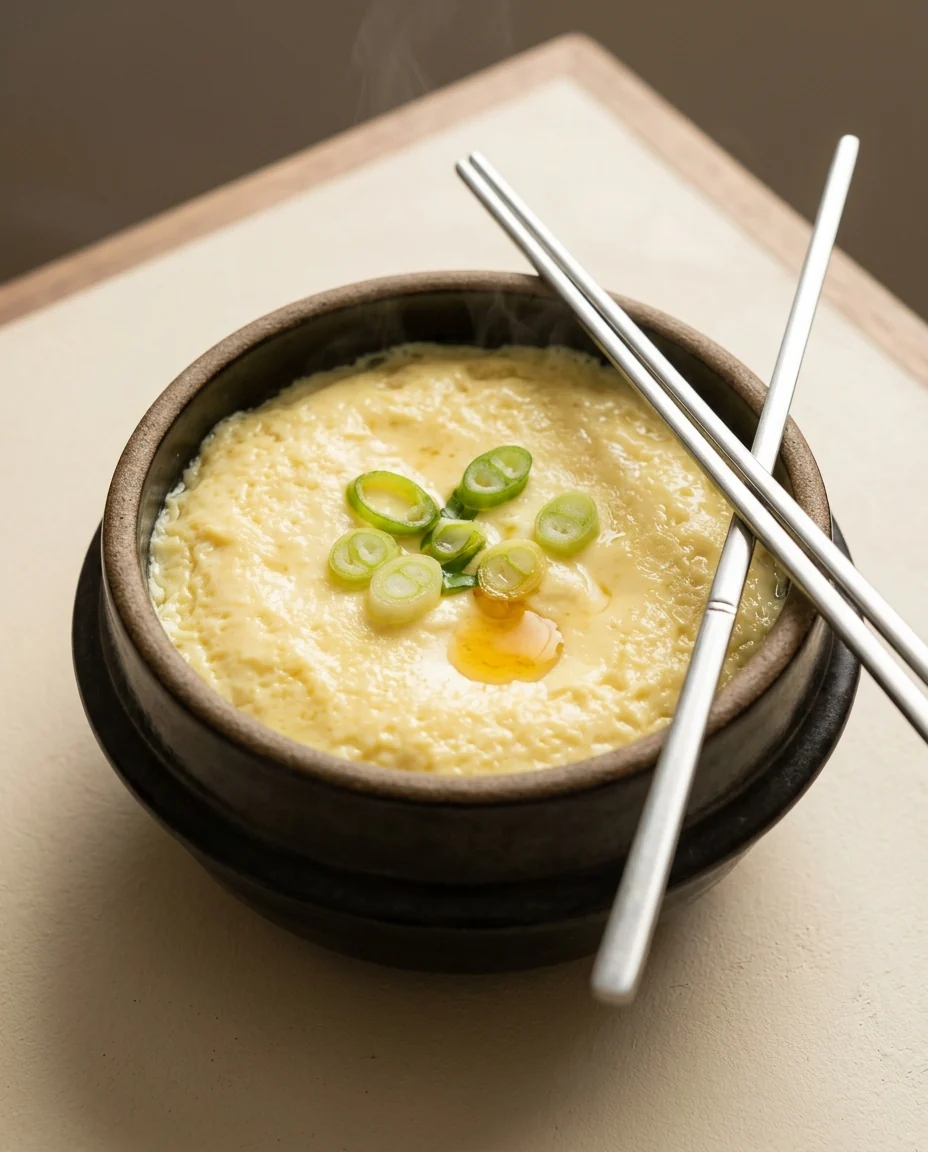 Steamed egg topped with scallion rings in a dark earthenware bowl.