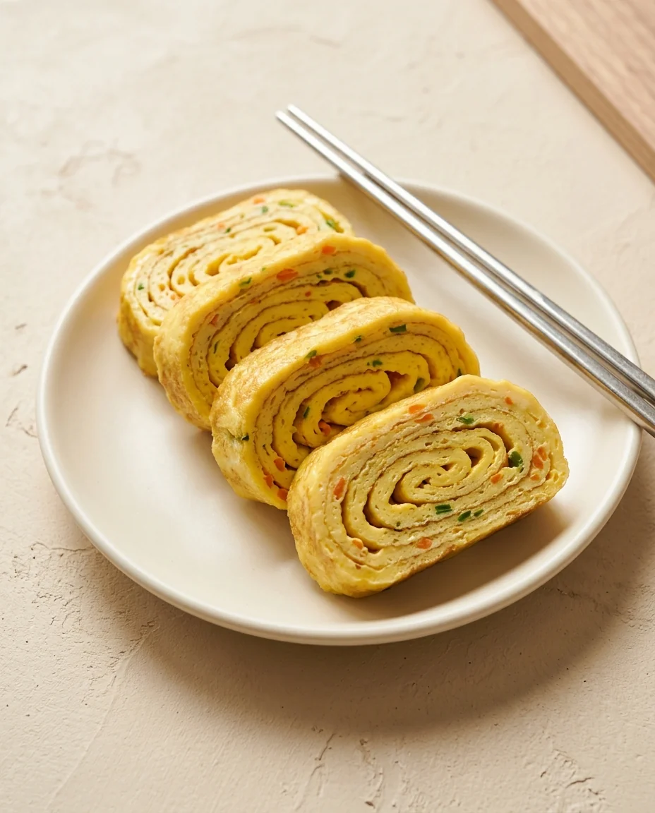 Thick rolled-omelet slices with fine carrot and scallion flecks on a white plate.
